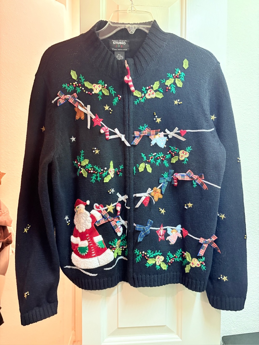 Designers original Black women’s Zip-Up cardigan with Holiday Embroidery
